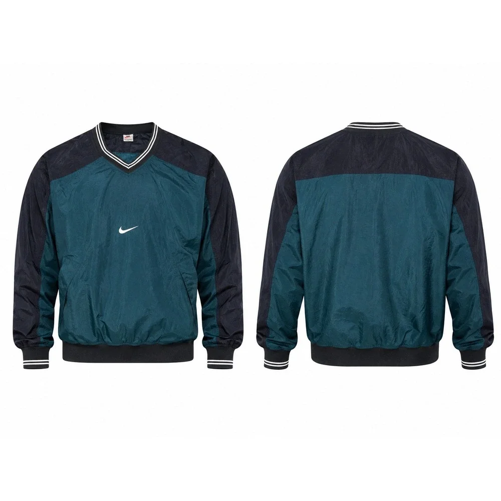 Vintage Nike Windbreaker Pullover V-Neck Teal Black Embroidered Swoosh Mens XL